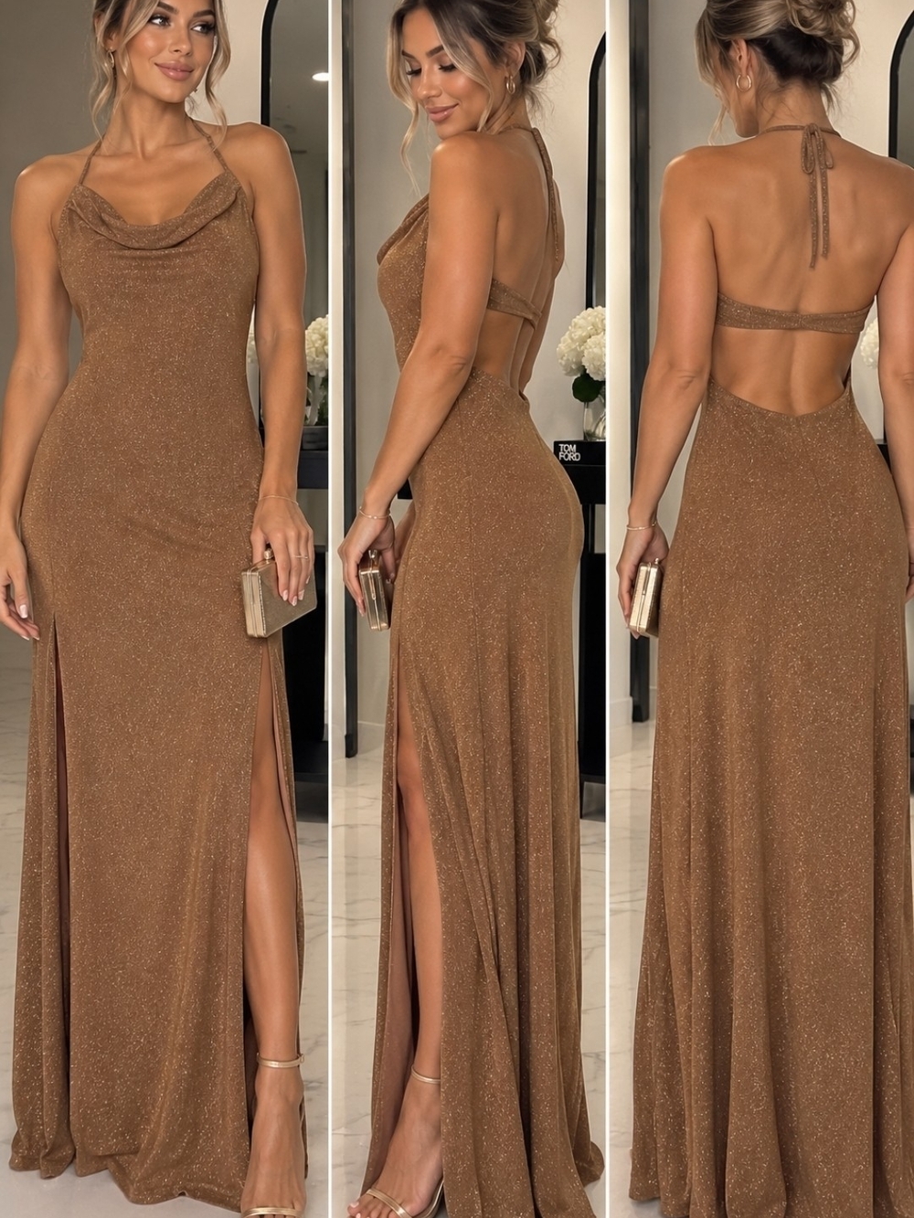 Show Me Your MuMu Shimmery Bronze Backless Cowl Gown
